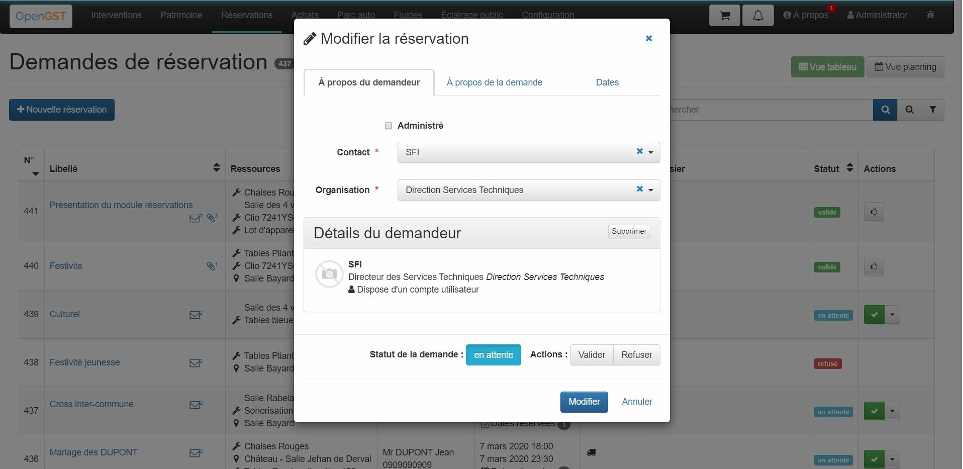 Demande de réservation OpenGST